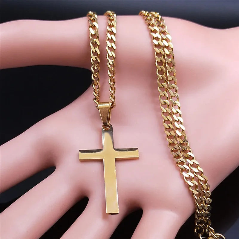 Christian Hip Hop Stainless Steel Jesus Cross Chain Necklace for Women Men Gold Color Statement Necklace Jewelry Collier Croix