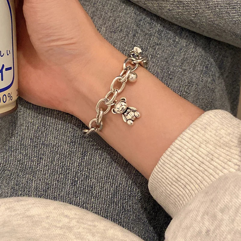 Gothic Hip Hop Metal Cross Pendant Charm Bracelet for Women Female Beads 2 Layering Linked Chain Bracelets Cool Jewelry Gift