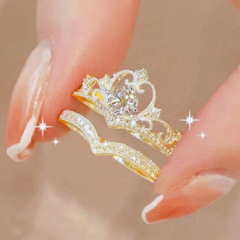 2PCS Crystal Crown Adjustable Ring Irregular Geometry Vintage Rings Set for Women Girls New Fashion Jewelry