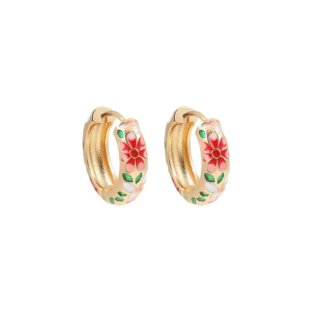 Vintage Enamel Flowers Cute Huggies Hoop Earrings for Women Classic Colorful Engraved Round Circle Ear Buckle Retro Brincos