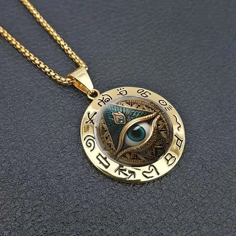Hieroglyphic Eye Pattern Glass Pendant Zinc Alloy Artifact-Style Statement Necklace for Women Fashion Jewelry Accessory