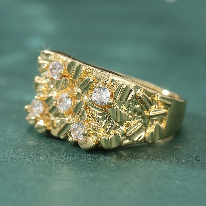 Vintage Synthetic Zirconia Textured Irregular Golden Ring for Women Men Hip Hop Style Fashion Festival Jewelry Accessories Gifts
