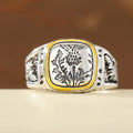 Retro Two-Color Floral Relief Square-Shaped Engraved Copper Jewelry Ring for Ladies, a Streetwear Daily Accessory