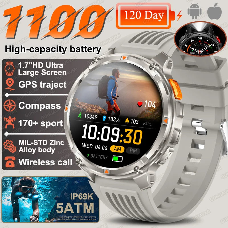 2026 New T-Rex3 Ultra 1100Mah Military Smart Watch Men 1.7"AMOLED GPS Path 5ATM Waterproof Compass LED Flashlight Smartwatch iOS