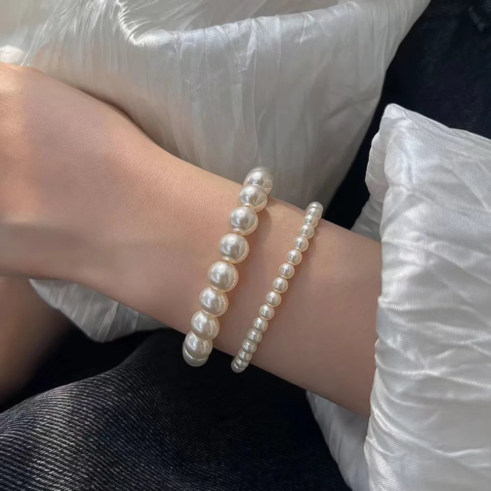 Handmade High Quality Resin Faux Pearl Bracelet Minimalist Round Bead Bangle for Women Men Wedding Jewelry Party Gift