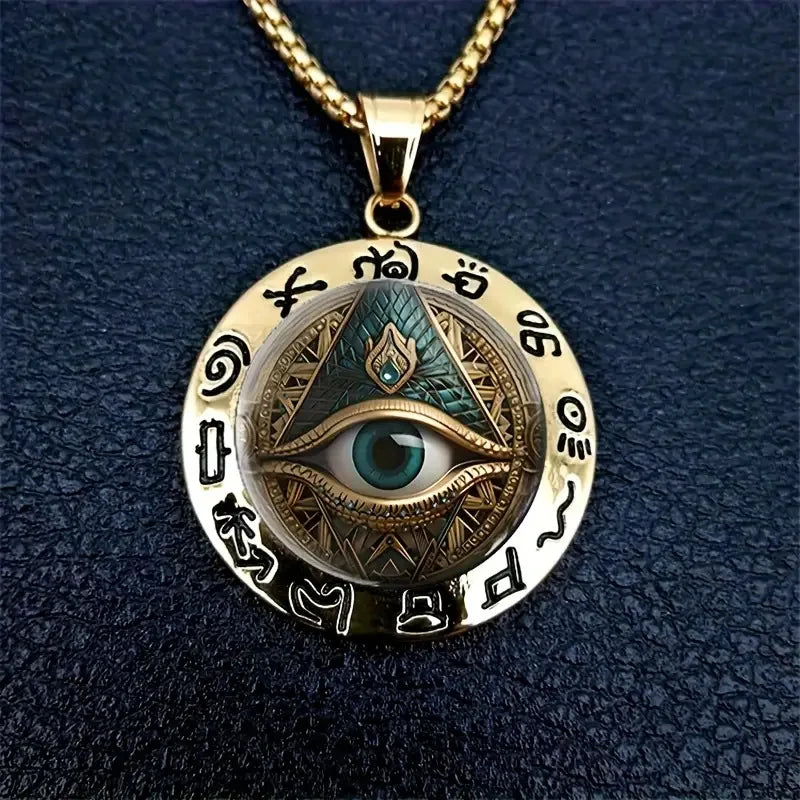 Hieroglyphic Eye Pattern Glass Pendant Zinc Alloy Artifact-Style Statement Necklace for Women Fashion Jewelry Accessory