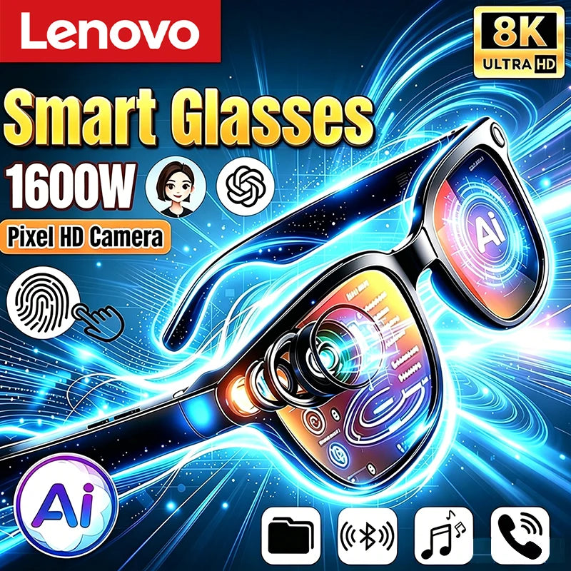 Lenovo AI Smart Glasses 8K Remote Control Touch 1600W Pixels Camera Recording Voice Assistant Translator Bluetooth Sunglasses