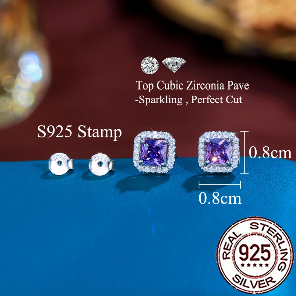 CWWZircons 925 Sterling Silver Charming Purple Cubic Zircon Paved Big Square Stud Earrings for Women Wedding Decor Jewelry SE118