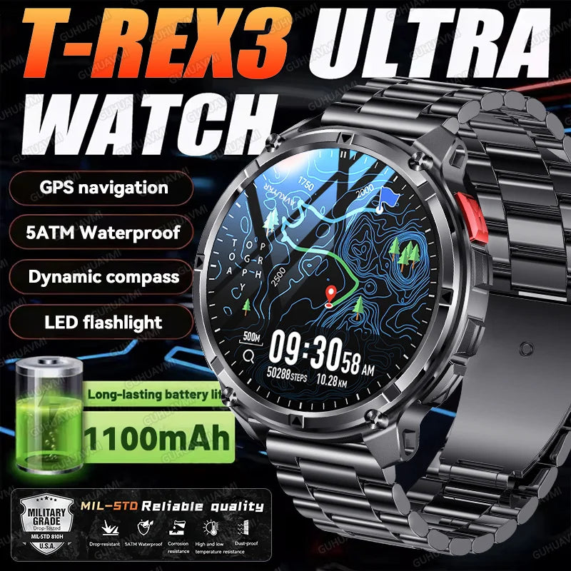 2026 New T-Rex3 Ultra 1100Mah Military Smart Watch Men 1.7"AMOLED GPS Path 5ATM Waterproof Compass LED Flashlight Smartwatch iOS