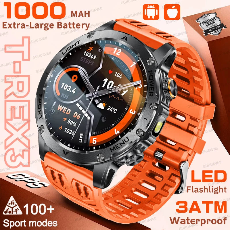 Outdoor T-Rex 3 GPS Smart Watch Men 1.75”HD Screen 1000mAh Battery LED Flashlight 3ATM Waterproof HD Bluetooth Call Sport Watch