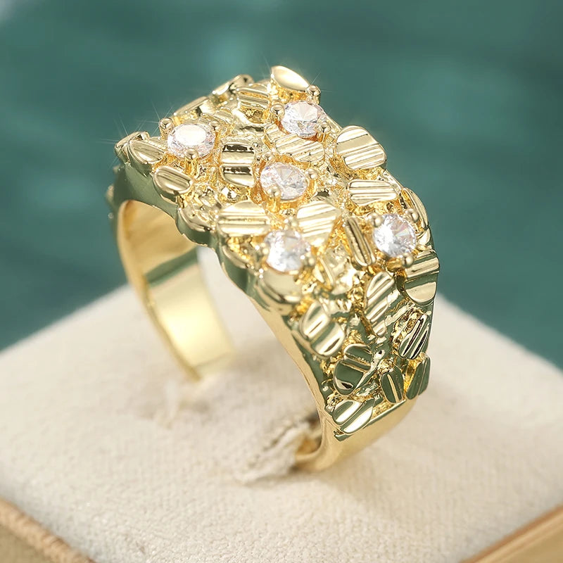 Vintage Synthetic Zirconia Textured Irregular Golden Ring for Women Men Hip Hop Style Fashion Festival Jewelry Accessories Gifts