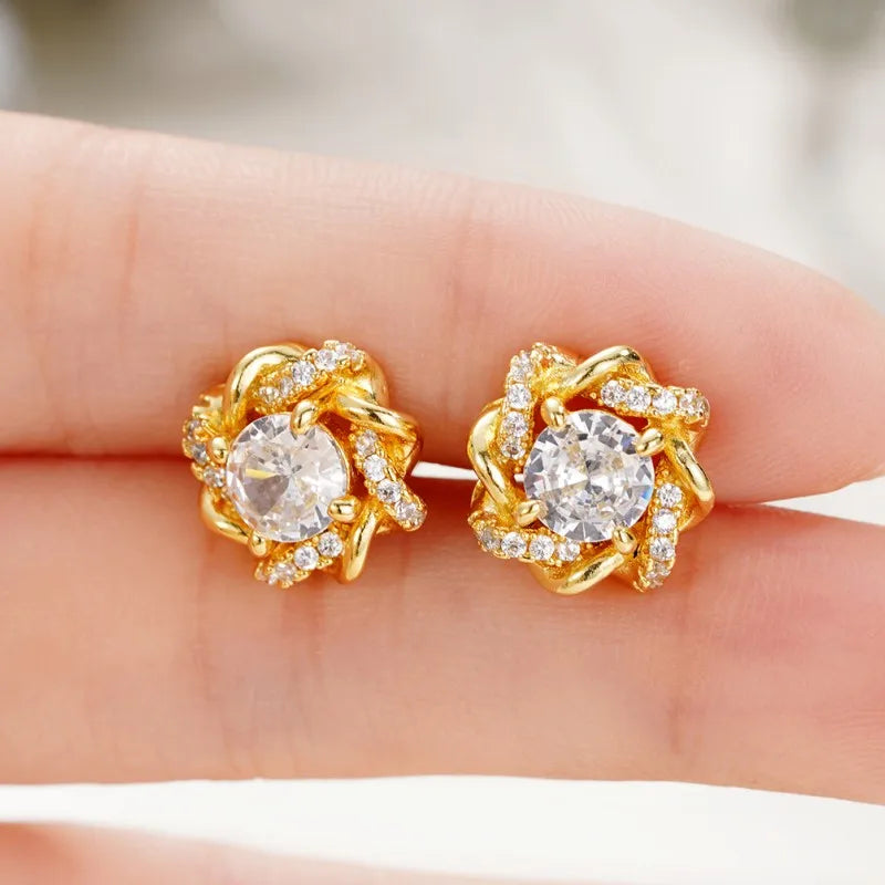 Huitan Dainty Gold Color Cubic Zirconia Stud Earrings for Women Fashion Contracted Design Bridal Wedding Earrings Luxury Jewelry