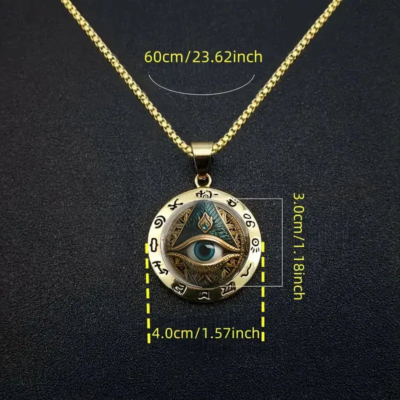 Hieroglyphic Eye Pattern Glass Pendant Zinc Alloy Artifact-Style Statement Necklace for Women Fashion Jewelry Accessory