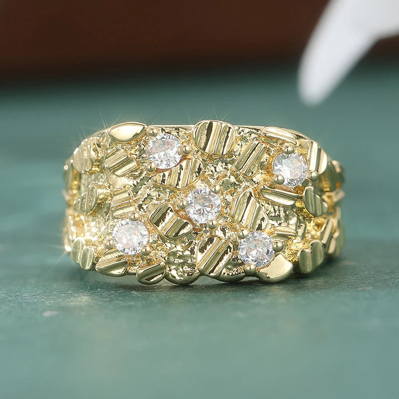 Vintage Synthetic Zirconia Textured Irregular Golden Ring for Women Men Hip Hop Style Fashion Festival Jewelry Accessories Gifts