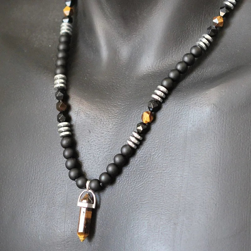Men's Necklace Tiger Eye Onyx Boho Long Adjustable Protection Yoga Mala Gemstone Hematite Beaded Necklace