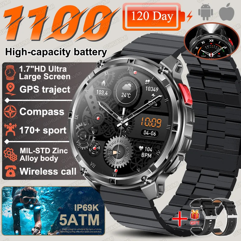 2026 New T-Rex3 Ultra 1100Mah Military Smart Watch Men 1.7"AMOLED GPS Path 5ATM Waterproof Compass LED Flashlight Smartwatch iOS