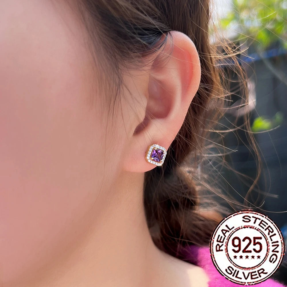 CWWZircons 925 Sterling Silver Charming Purple Cubic Zircon Paved Big Square Stud Earrings for Women Wedding Decor Jewelry SE118