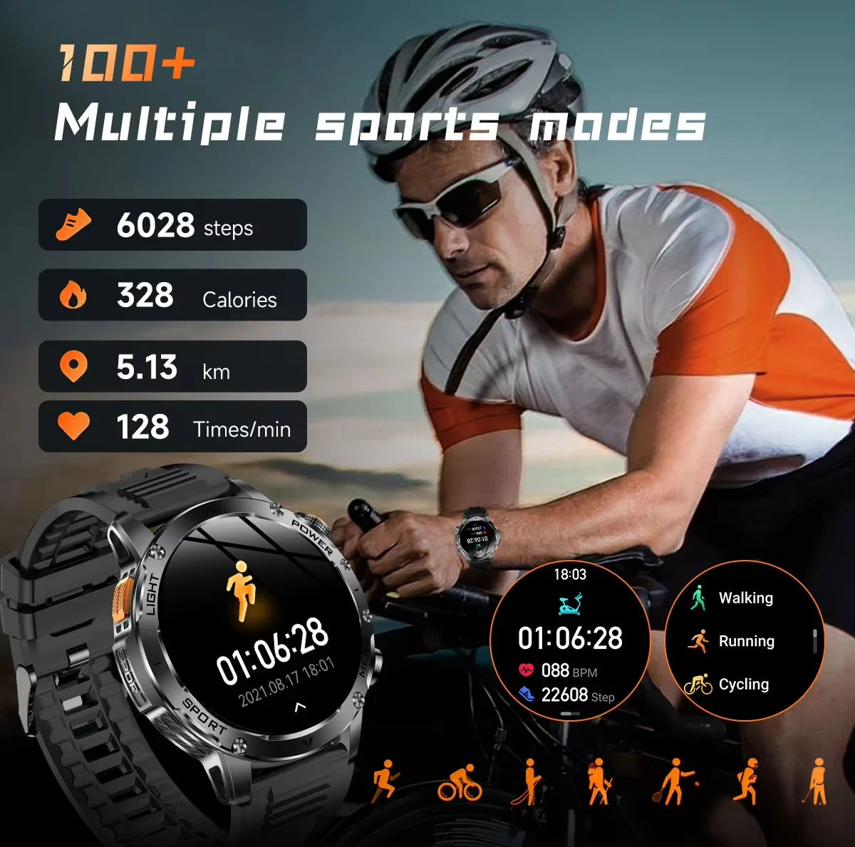 Outdoor T-Rex 3 GPS Smart Watch Men 1.75”HD Screen 1000mAh Battery LED Flashlight 3ATM Waterproof HD Bluetooth Call Sport Watch