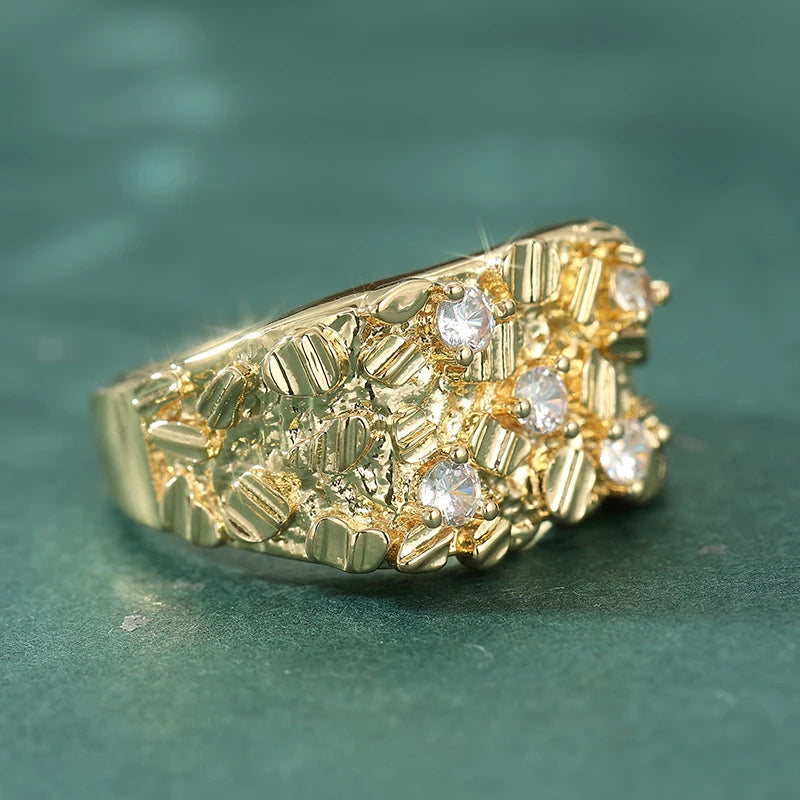 Vintage Synthetic Zirconia Textured Irregular Golden Ring for Women Men Hip Hop Style Fashion Festival Jewelry Accessories Gifts