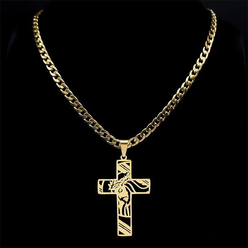 Hip Hop Punk Crown of Thorns Jesus Cross Necklace for Men Stainless Steel Gold Plated Crucifix Pendant Necklaces Jewelry N8052