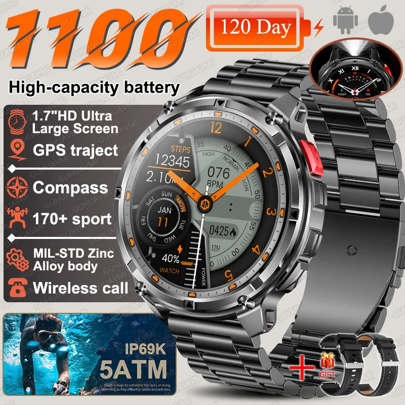 2026 New T-Rex3 Ultra 1100Mah Military Smart Watch Men 1.7"AMOLED GPS Path 5ATM Waterproof Compass LED Flashlight Smartwatch iOS