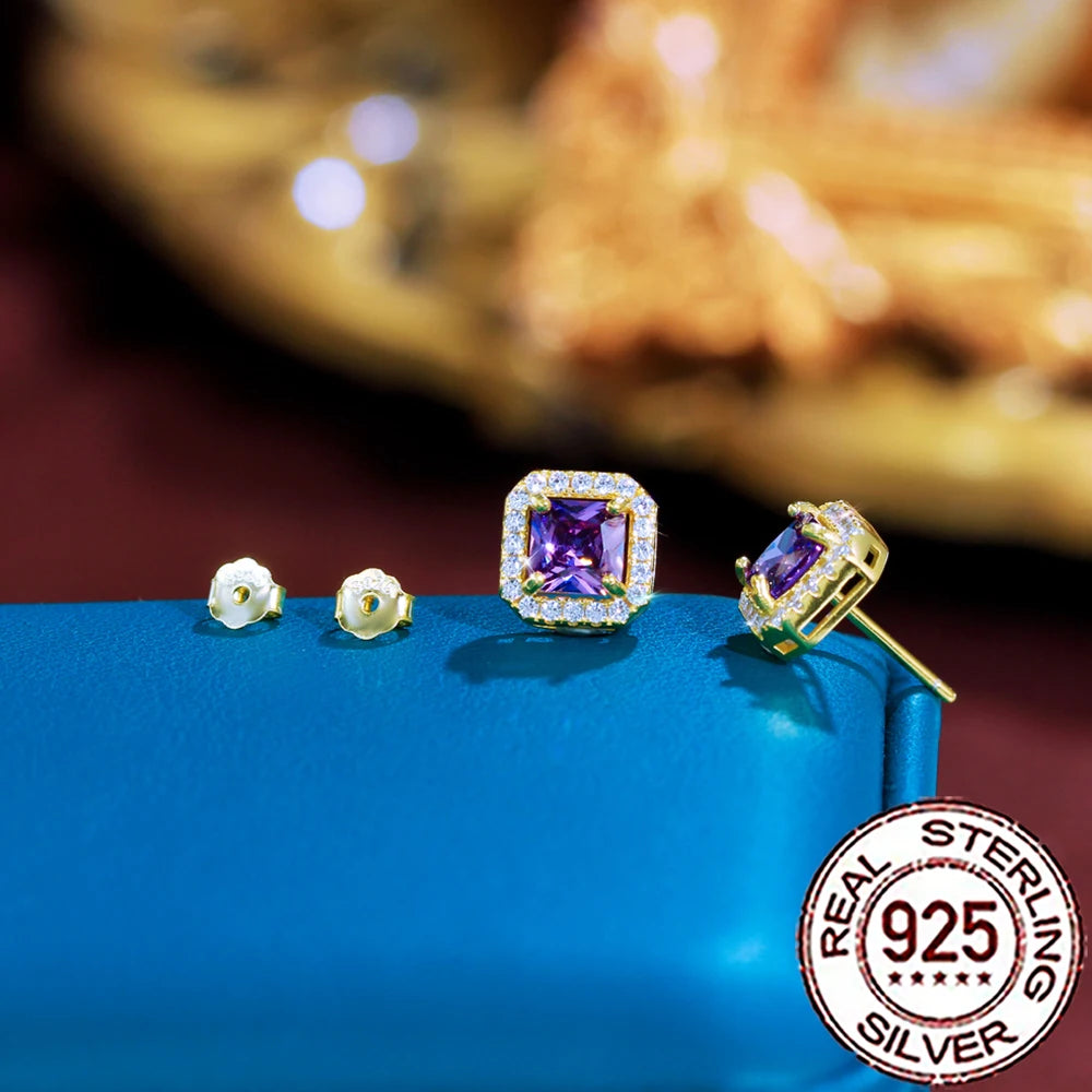 CWWZircons 925 Sterling Silver Charming Purple Cubic Zircon Paved Big Square Stud Earrings for Women Wedding Decor Jewelry SE118