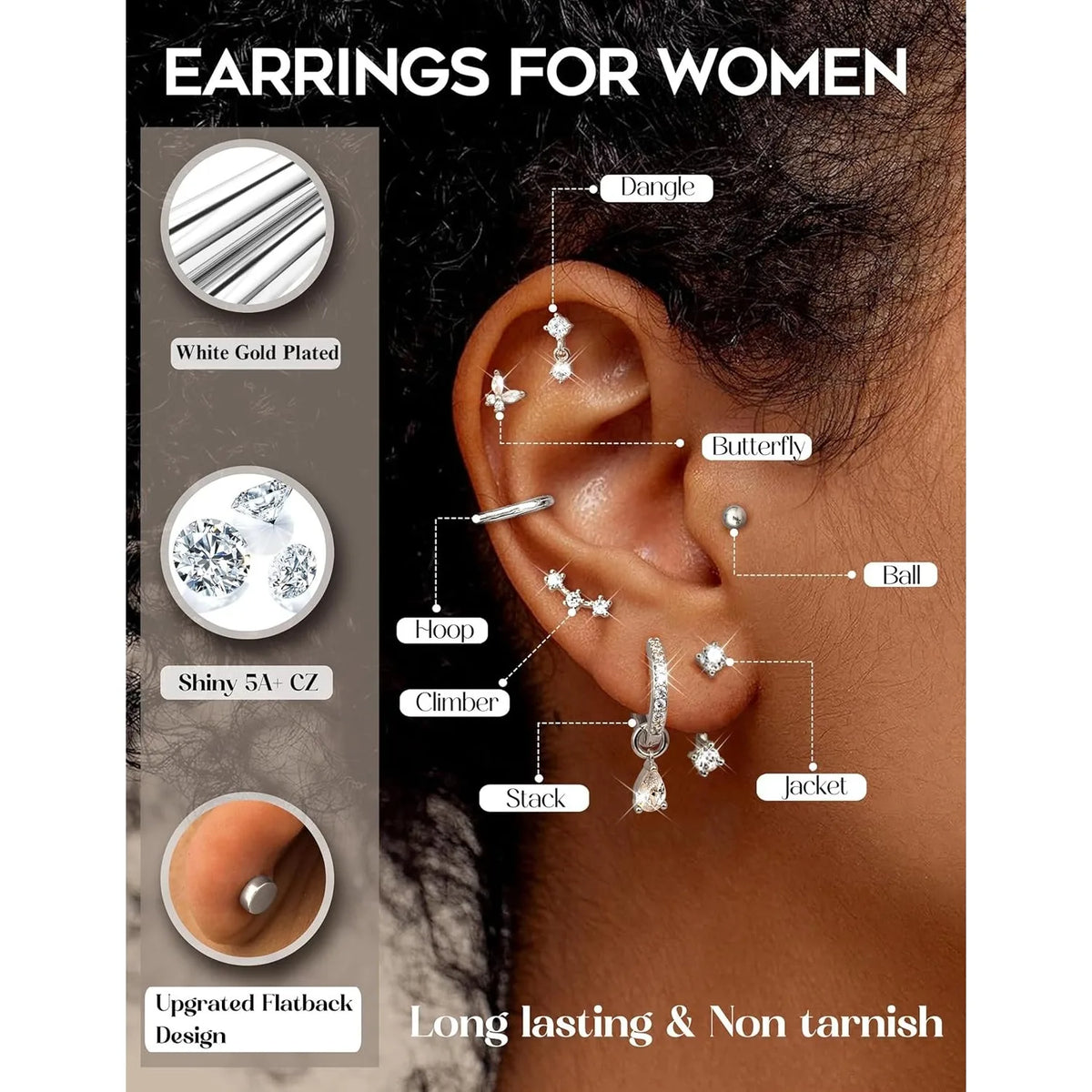 Flatback Stud Hoop Earring Sets for Sensitive Ears Women Trendy Gift