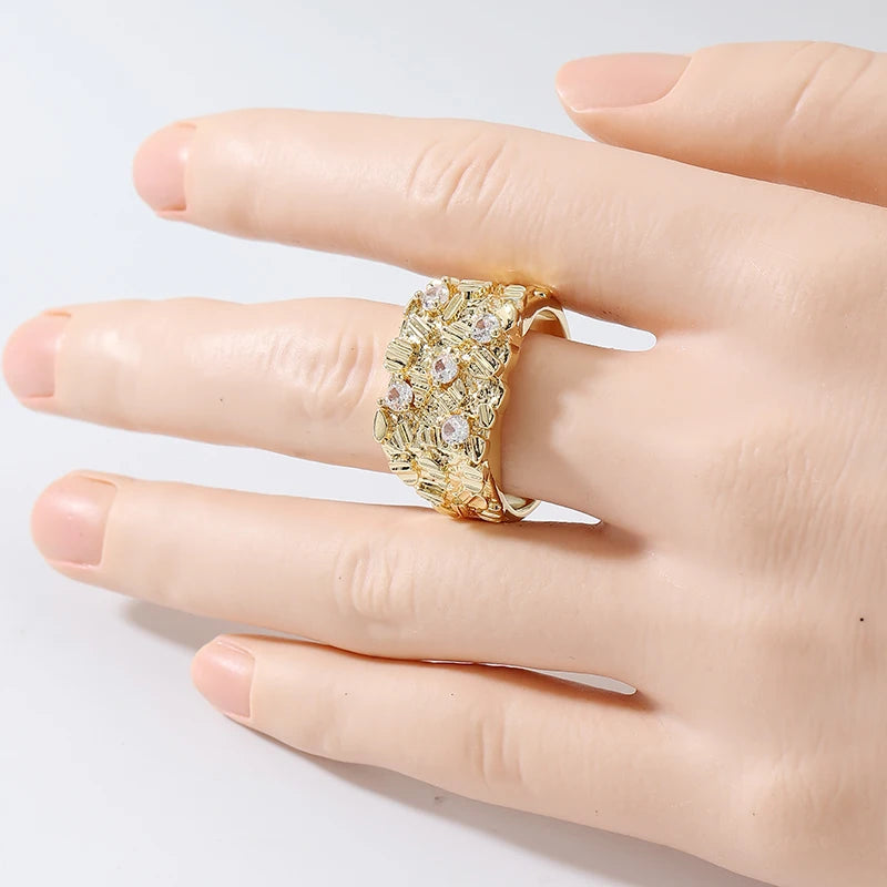 Vintage Synthetic Zirconia Textured Irregular Golden Ring for Women Men Hip Hop Style Fashion Festival Jewelry Accessories Gifts