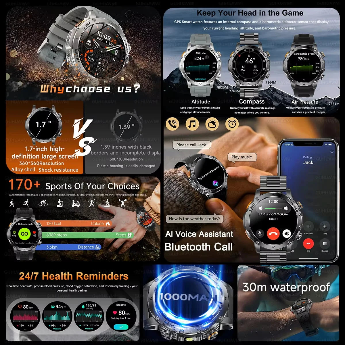 Outdoor T-Rex 3 GPS Smart Watch Men 1.75”HD Screen 1000mAh Battery LED Flashlight 3ATM Waterproof HD Bluetooth Call Sport Watch