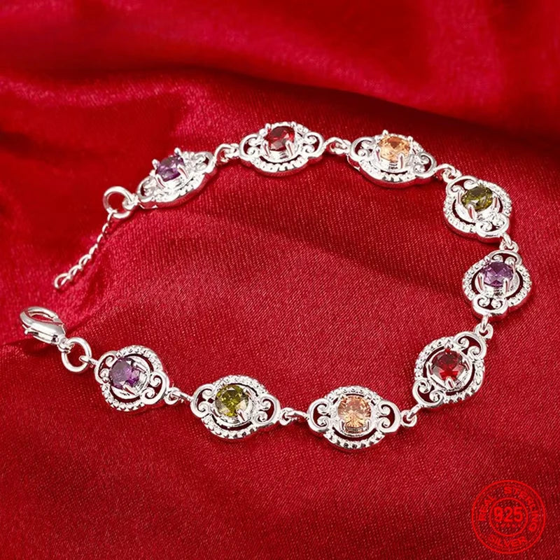 Fine 925 Sterling Silver Fashion Crystal Charm Bracelet  Bangle For Women lady wedding party lover gift Jewelry Party Gifts
