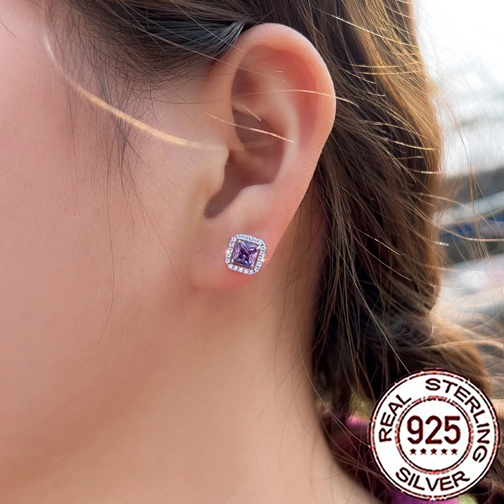 CWWZircons 925 Sterling Silver Charming Purple Cubic Zircon Paved Big Square Stud Earrings for Women Wedding Decor Jewelry SE118