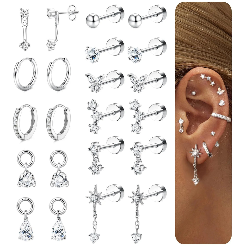 Flatback Stud Hoop Earring Sets for Sensitive Ears Women Trendy Gift