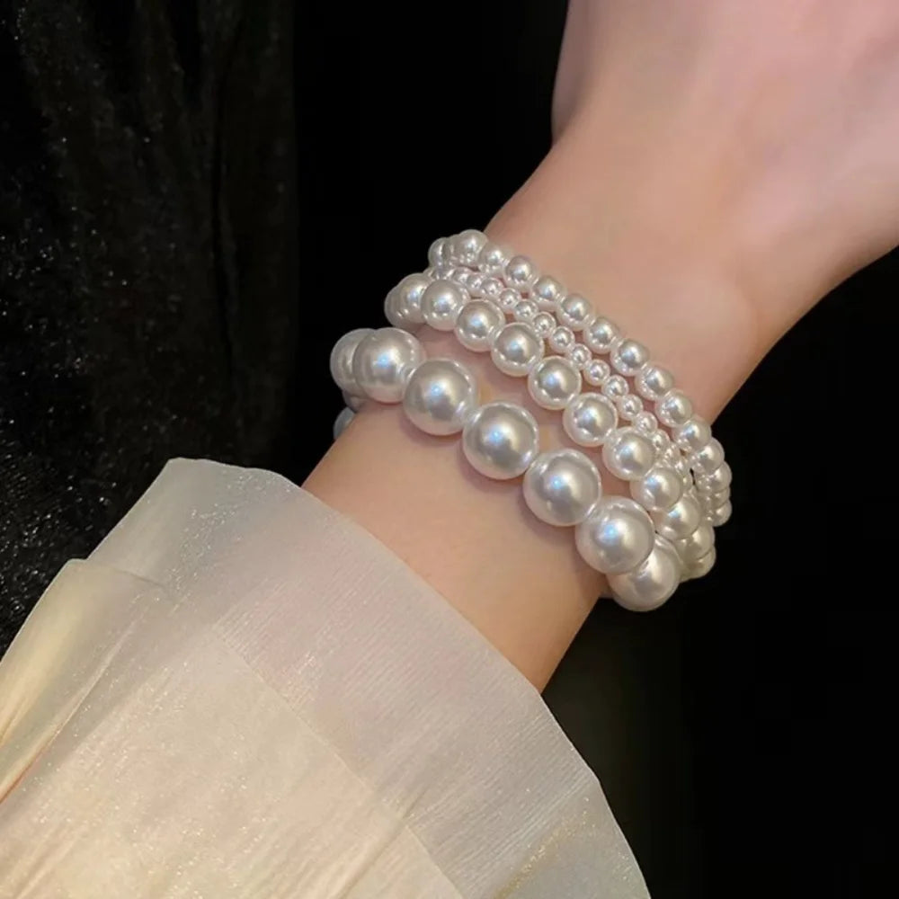 Handmade High Quality Resin Faux Pearl Bracelet Minimalist Round Bead Bangle for Women Men Wedding Jewelry Party Gift