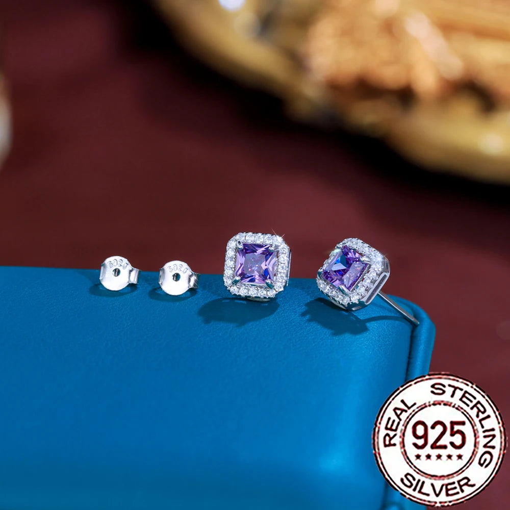 CWWZircons 925 Sterling Silver Charming Purple Cubic Zircon Paved Big Square Stud Earrings for Women Wedding Decor Jewelry SE118