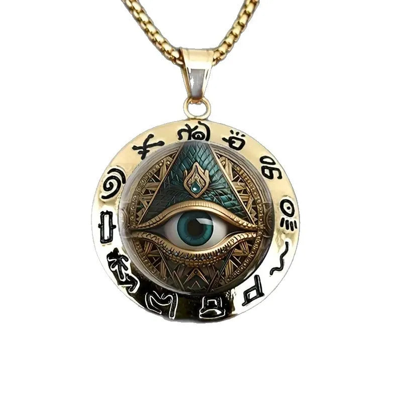 Hieroglyphic Eye Pattern Glass Pendant Zinc Alloy Artifact-Style Statement Necklace for Women Fashion Jewelry Accessory