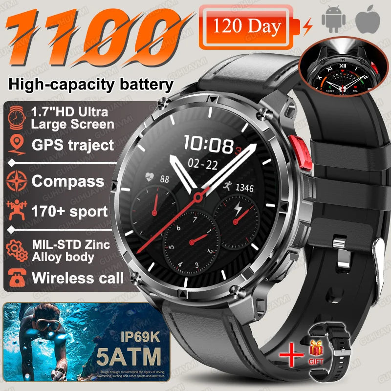 2026 New T-Rex3 Ultra 1100Mah Military Smart Watch Men 1.7"AMOLED GPS Path 5ATM Waterproof Compass LED Flashlight Smartwatch iOS