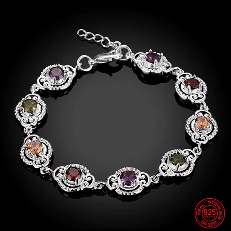 Fine 925 Sterling Silver Fashion Crystal Charm Bracelet  Bangle For Women lady wedding party lover gift Jewelry Party Gifts