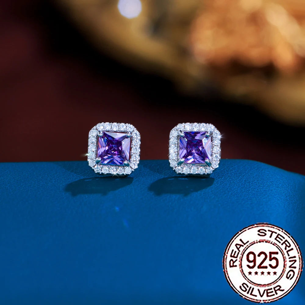 CWWZircons 925 Sterling Silver Charming Purple Cubic Zircon Paved Big Square Stud Earrings for Women Wedding Decor Jewelry SE118