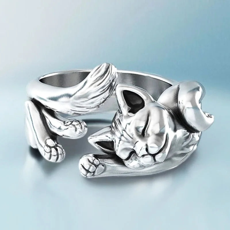 Cute Fortune Cat Shape Opening Rings For Women Silver Color Vintage Frog Toad Animal Delicate Finger Ring Fashion Jewelry Gifts